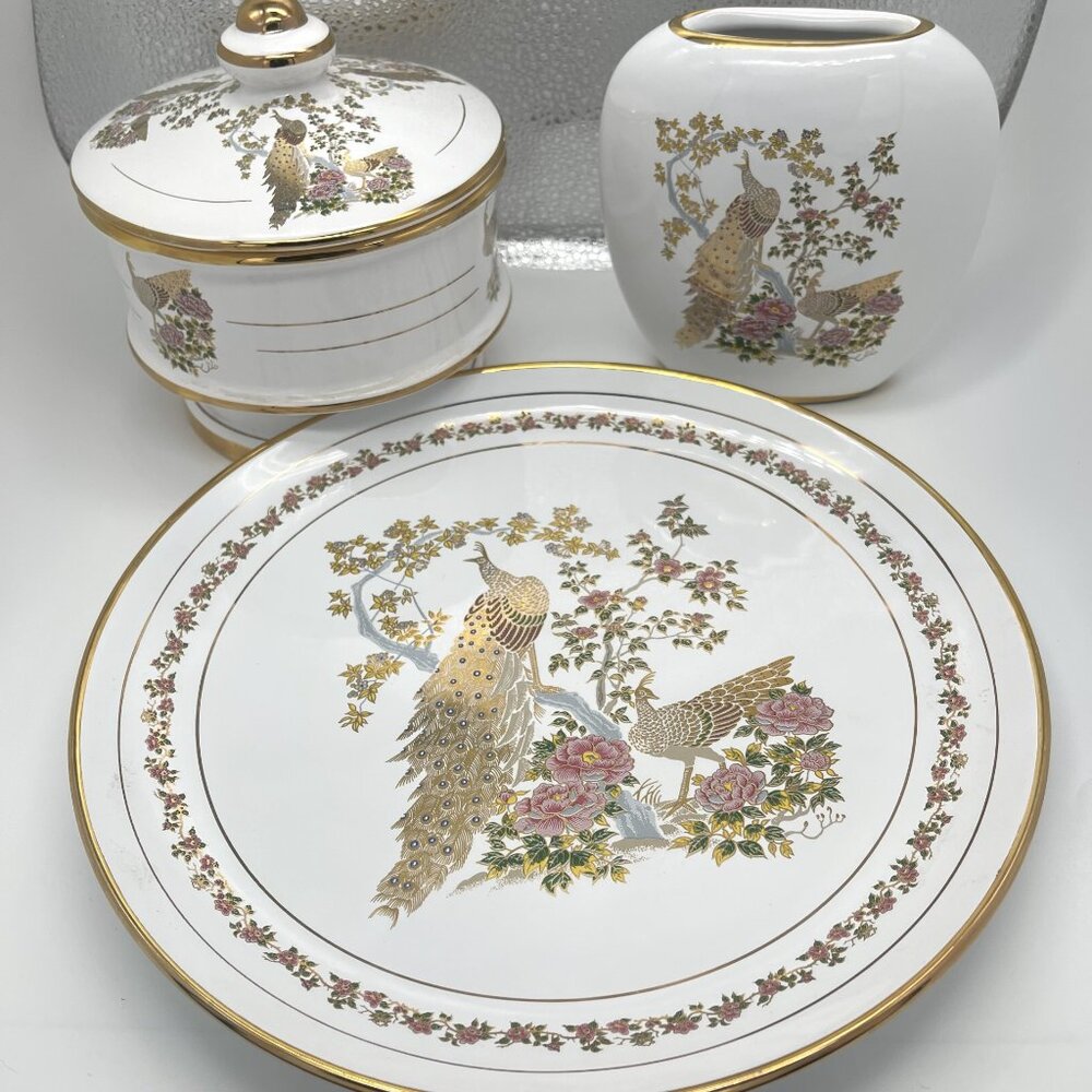 Set of 3 Hand Made in Greece Fine Ceramic Plate, Vase & Bowl w Lid - 24K gold